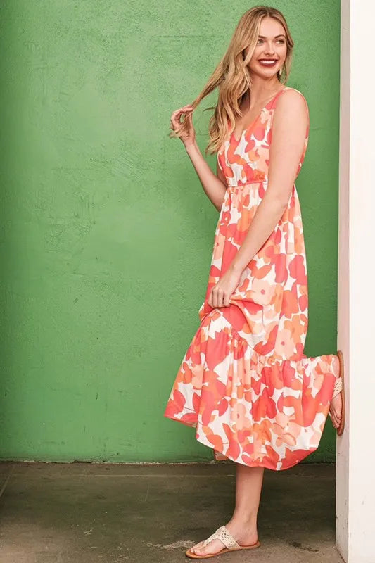 Lime 'N' Chili Sleeveless Floral Print V-Neck Midi Dress - NeoKira Unlimited