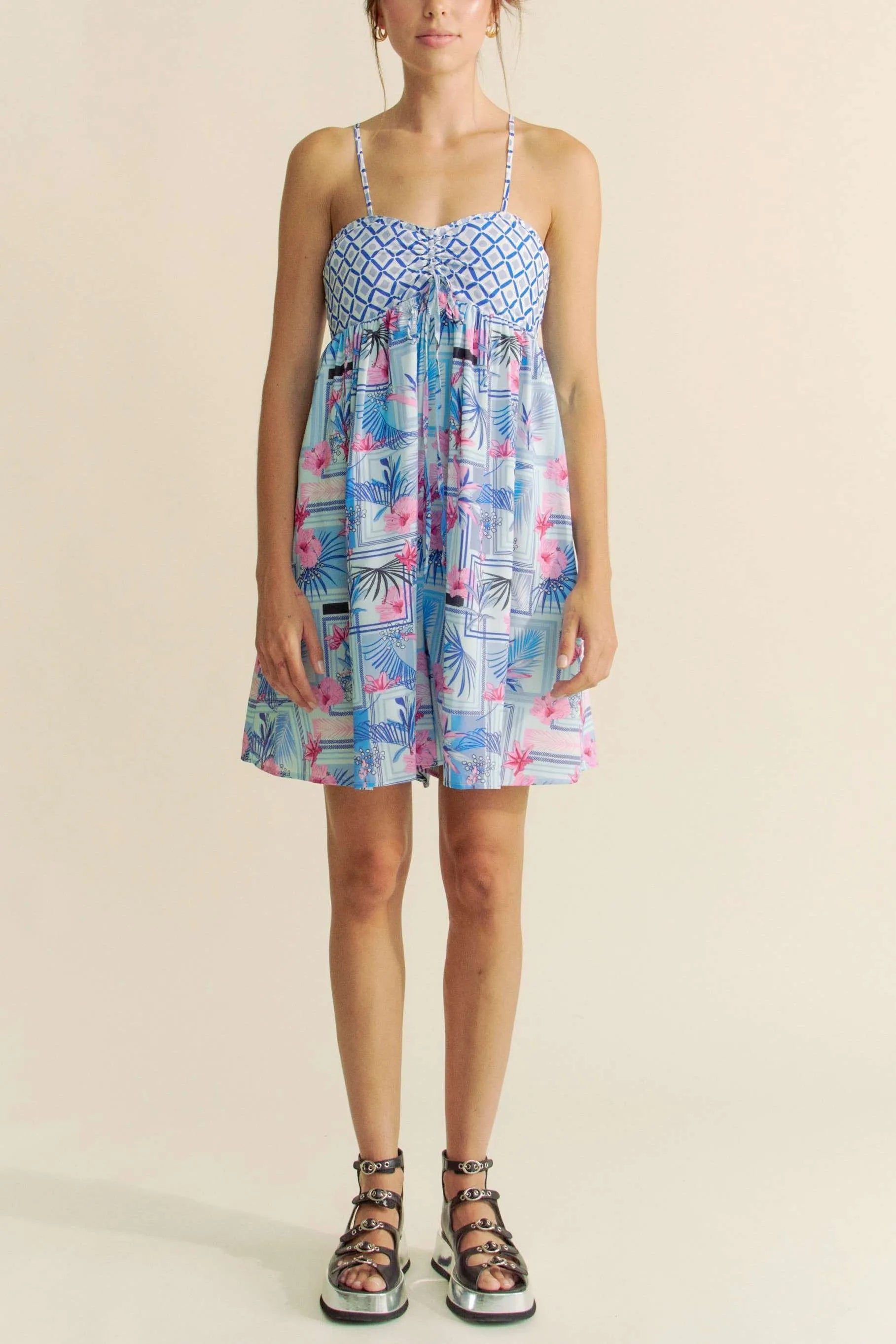 Davi & Dani Tropical Floral Geo Print Tie Back Tube Romper - NeoKira Unlimited