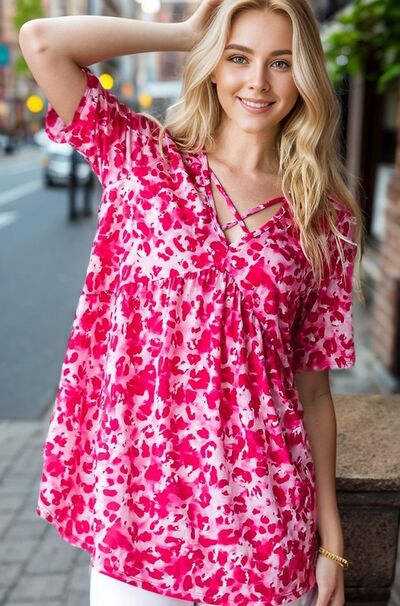 Heimish Full Size Short Sleeve Crisscross Animal Babydoll Top Plus Size - NeoKira Unlimited