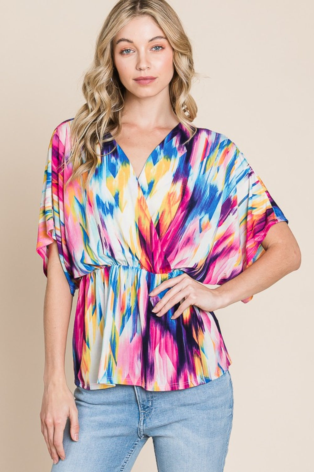 BOMBOM Printed Surplice Peplum Blouse - NeoKira Unlimited