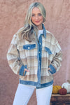 And The Why Full Size Washed Denim Detail Brushed Plaid Jacket Jacket Trendsi   