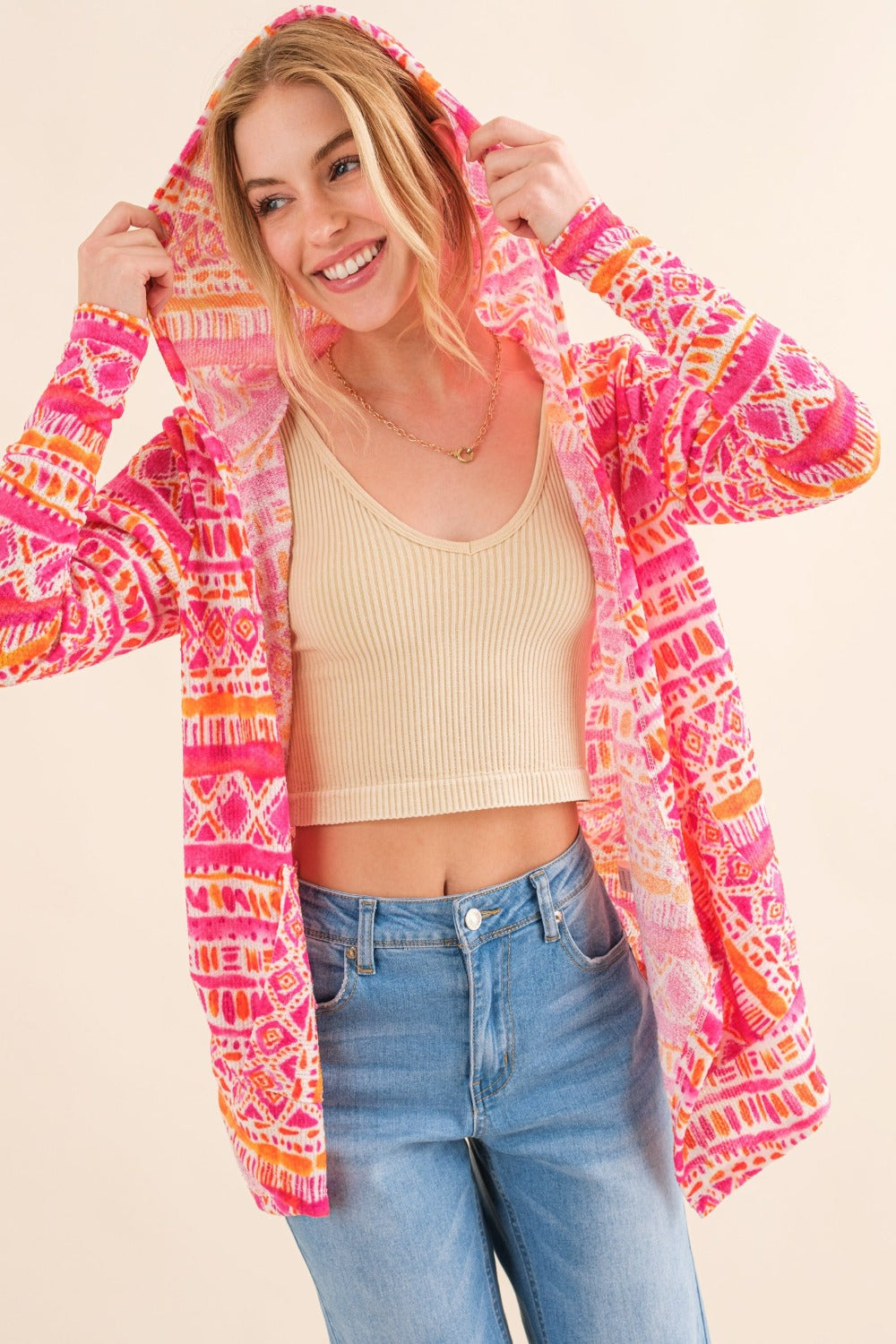 And The Why Full Size Printed Thermal Hooded Open Front Cardigan - NeoKira Unlimited