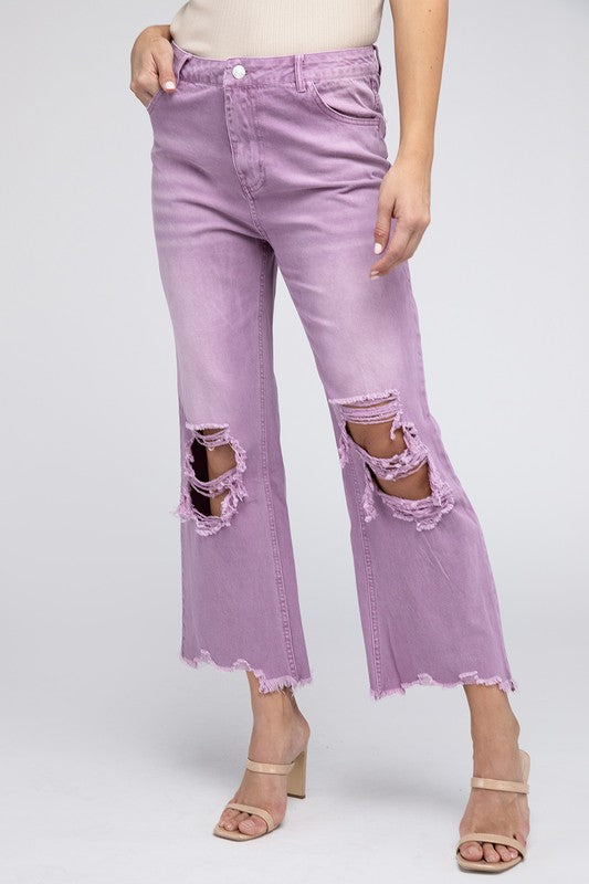 BiBi Distressed Vintage Washed Wide Leg Pants Jeans BiBi VINTAGE LAVENDER S 