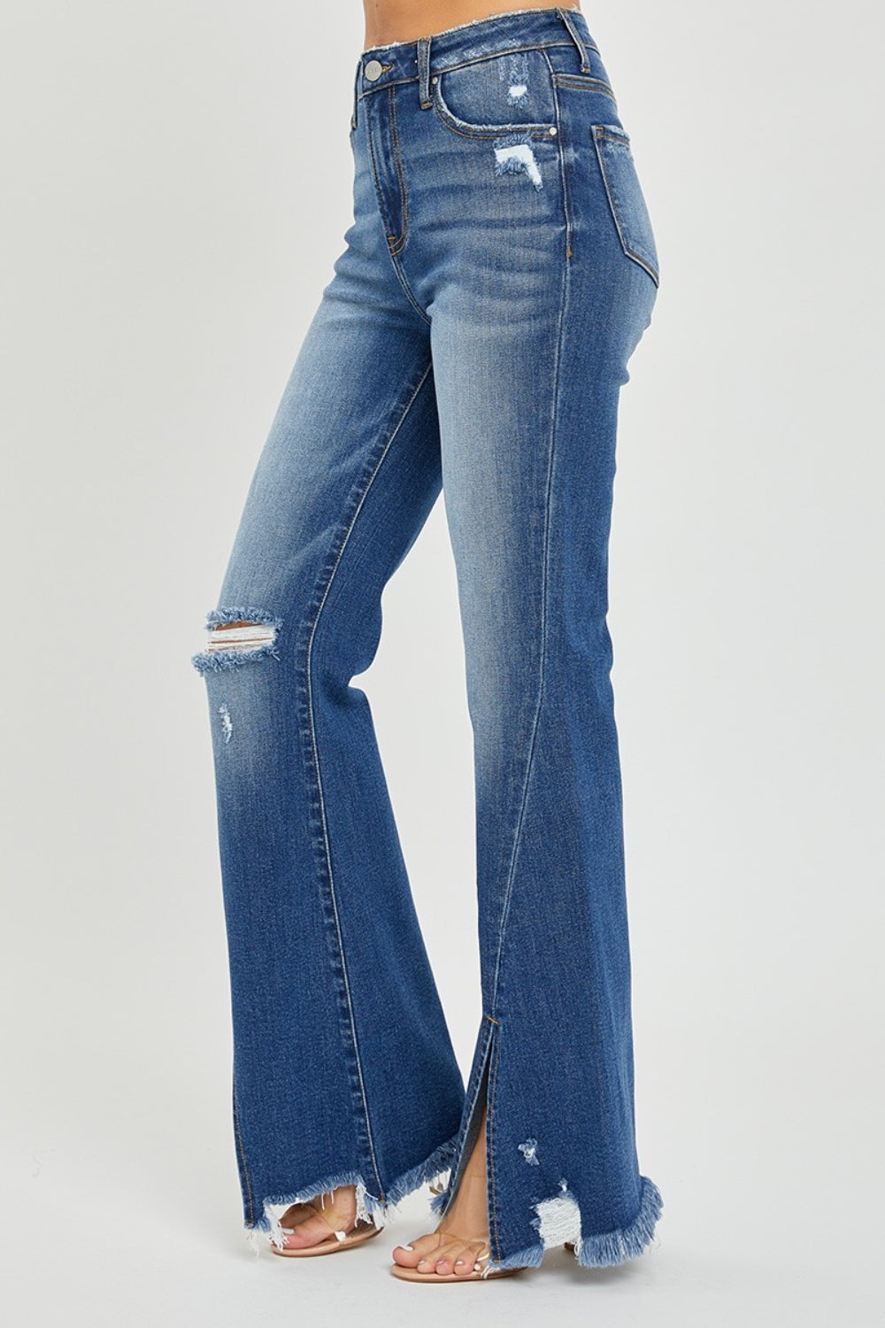 RISEN Full Size High Rise Front Slit Frayed Hem Flare Jeans Jeans Trendsi   