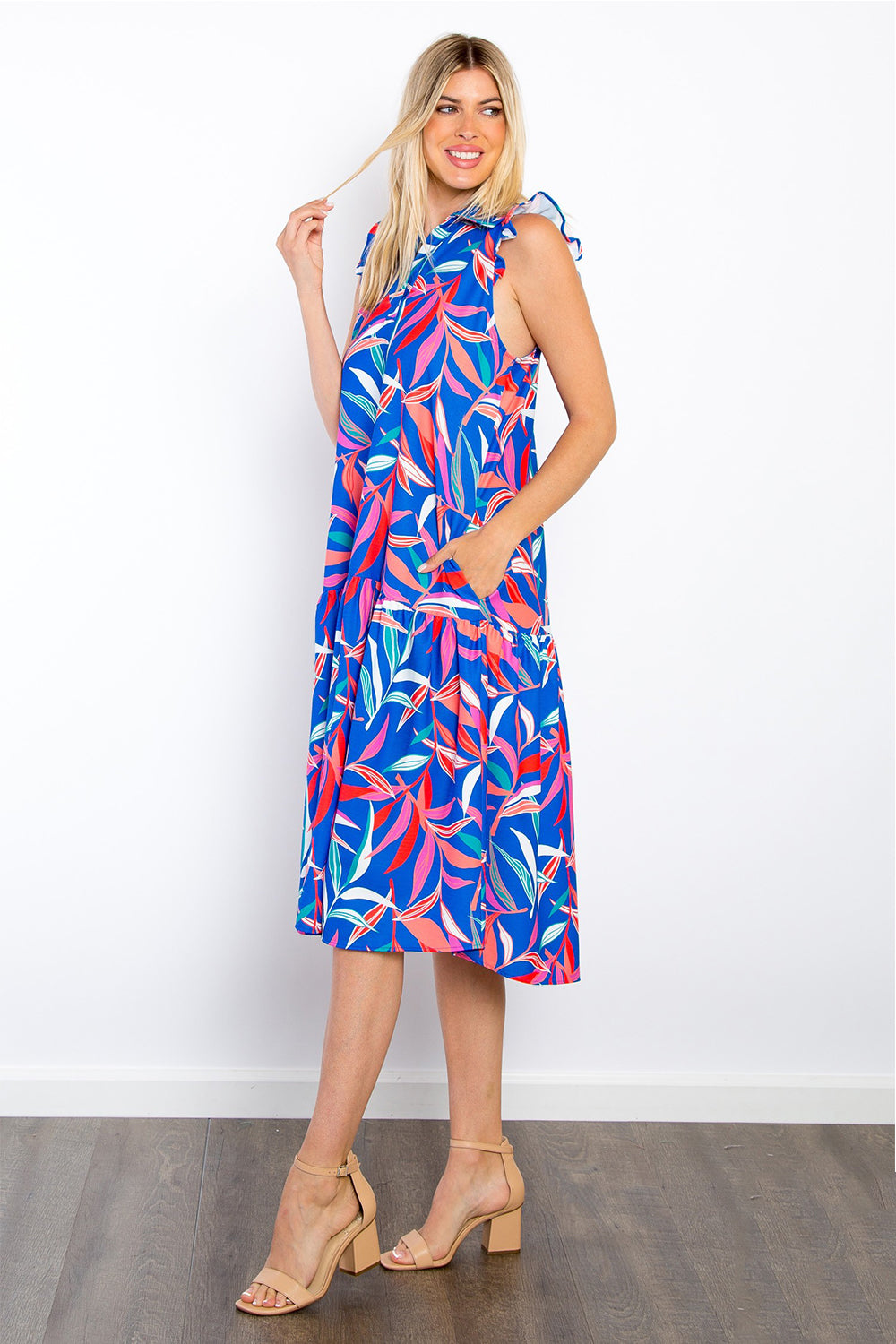 Be Stage Print Ruffled Midi Dress with Pockets - NeoKira Unlimited