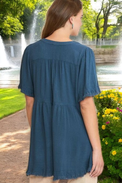 Umgee Full Size Raw Hem Notched Babydoll Linen Blouse Plus Size - NeoKira Unlimited