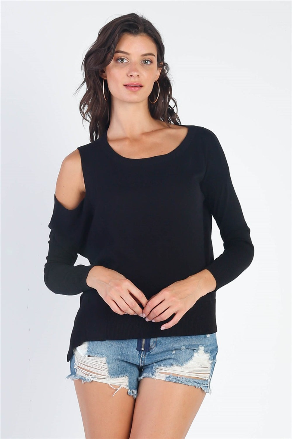 UNIQ Cold Shoulder Long Sleeve Knit Top Top Trendsi Black S 