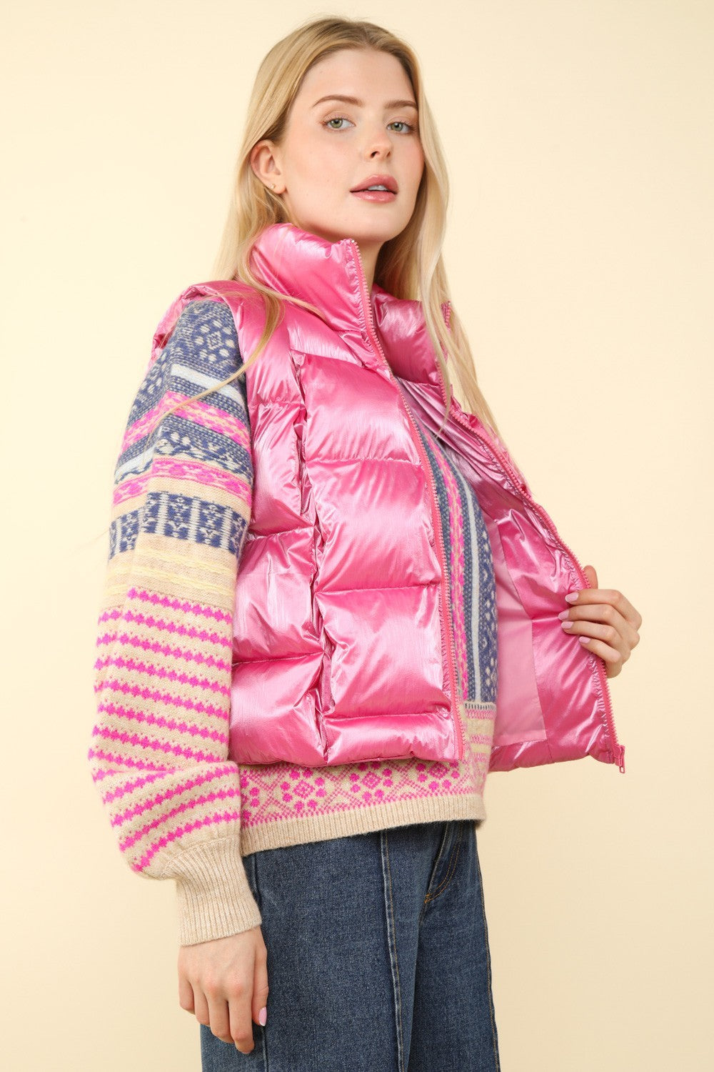 VERY J Shiny Metallic Zip Up Puffer Vest - NeoKira Unlimited