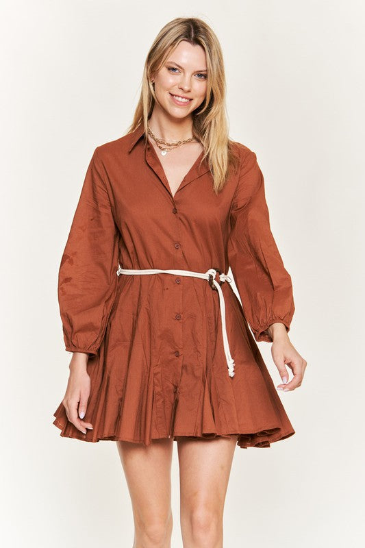 Jade By Jane Solid Flare Button Down Shirt Dress With Belt Mini Dress Jade By Jane   