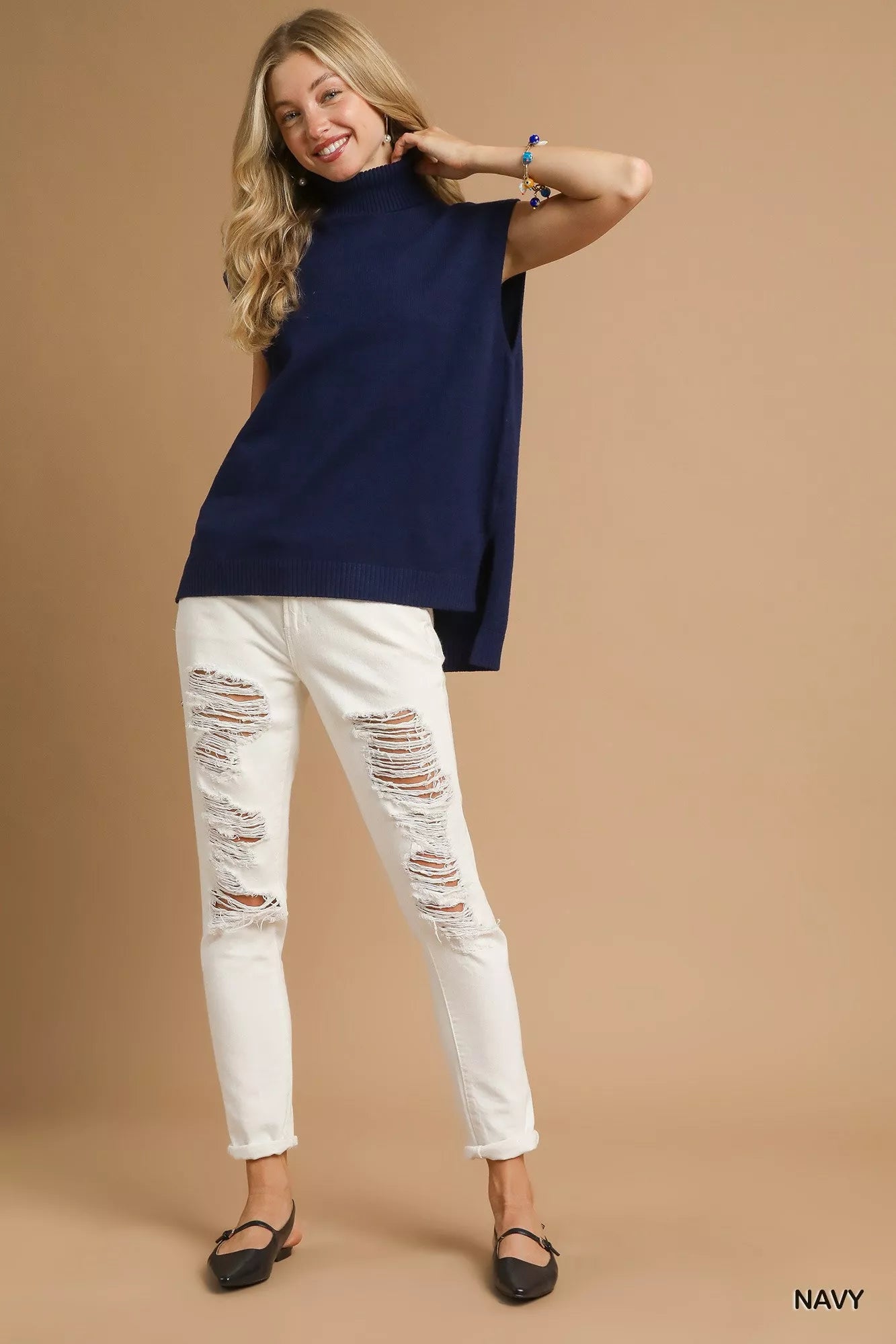 Umgee Chic Modern High-Low Turtleneck Sleeveless Sweater Top - NeoKira Unlimited