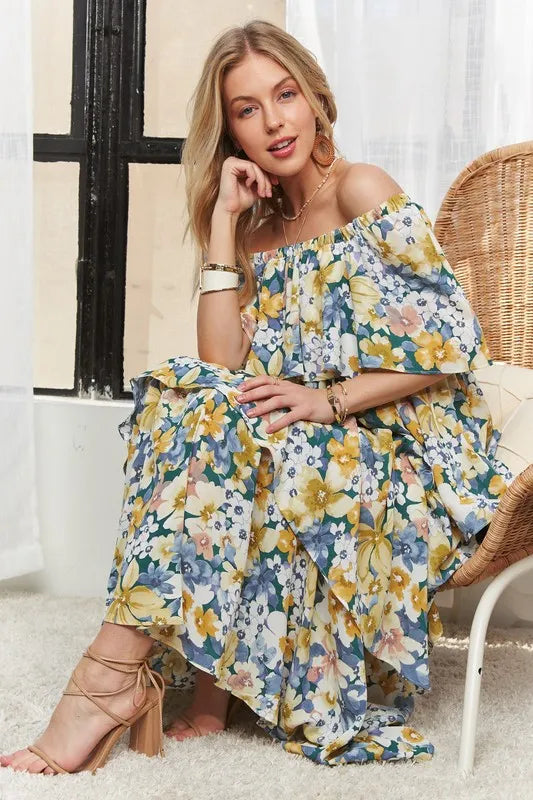 ADORA Layered Floral Off-Shoulder Short Sleeve Maxi Dress - NeoKira Unlimited