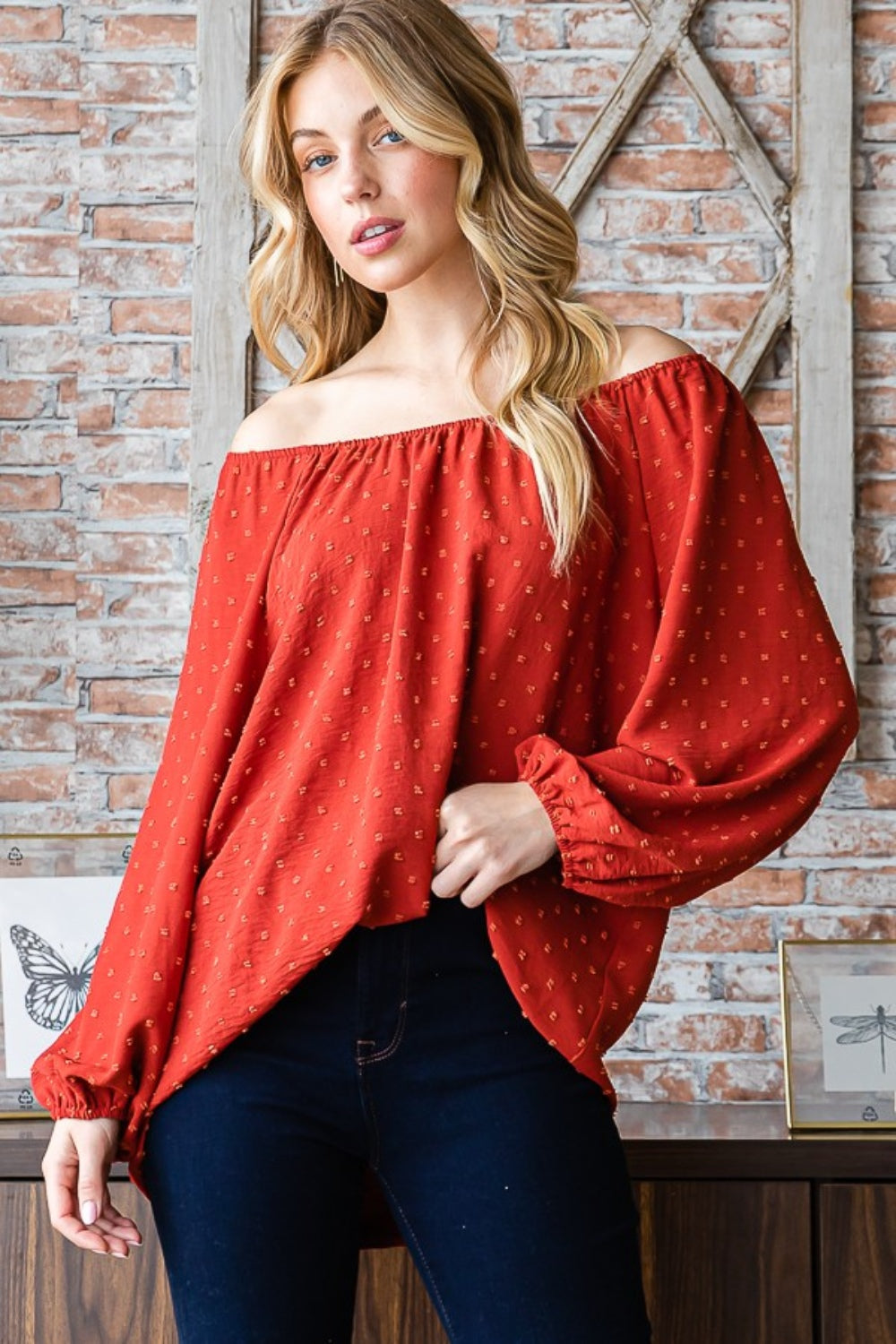 Heimish Full Size Swiss Dot Off Shoulder Top Top Trendsi   