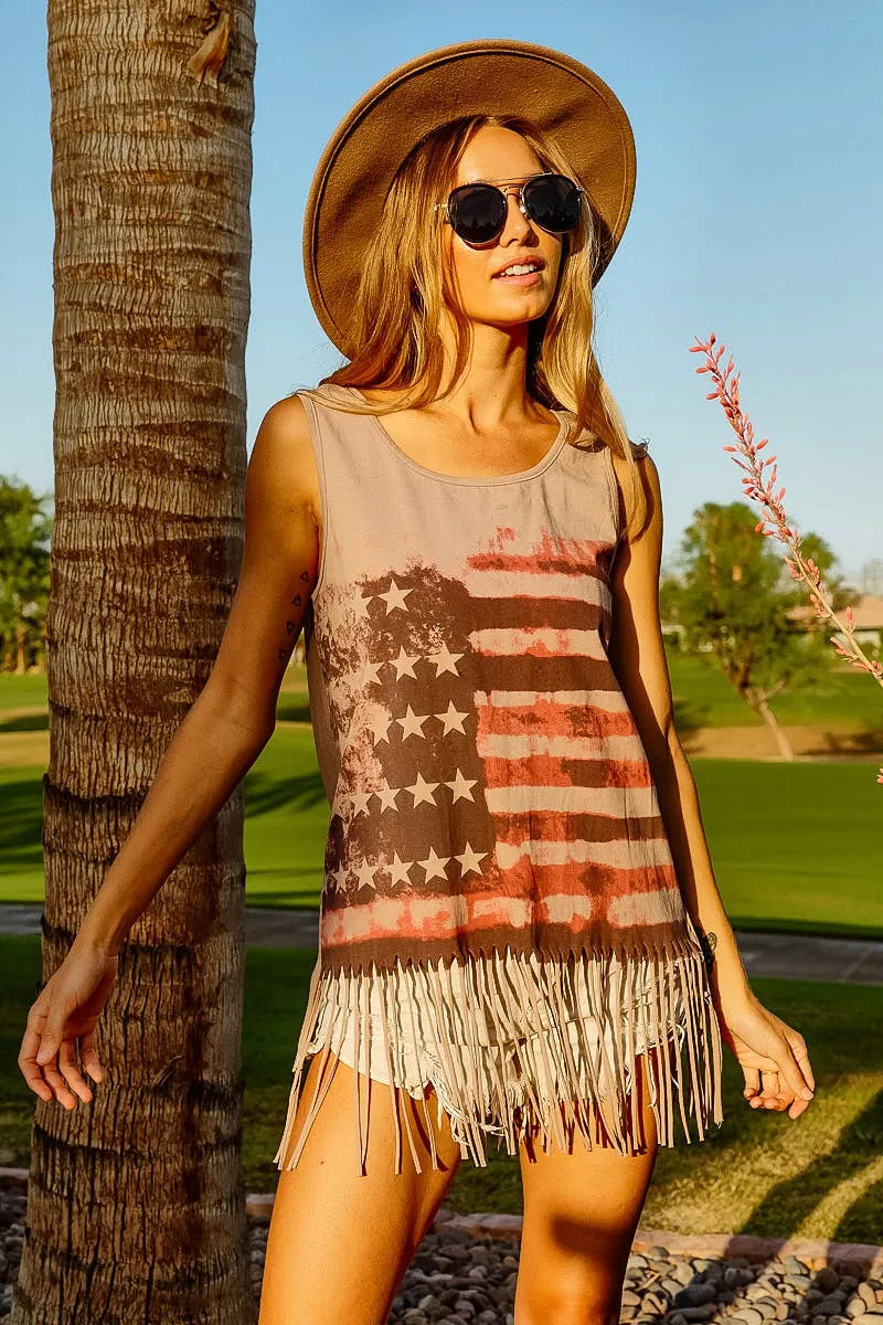 BiBi Distressed Flag Fringe Tank Top – Boho Americana Vibes - NeoKira Unlimited