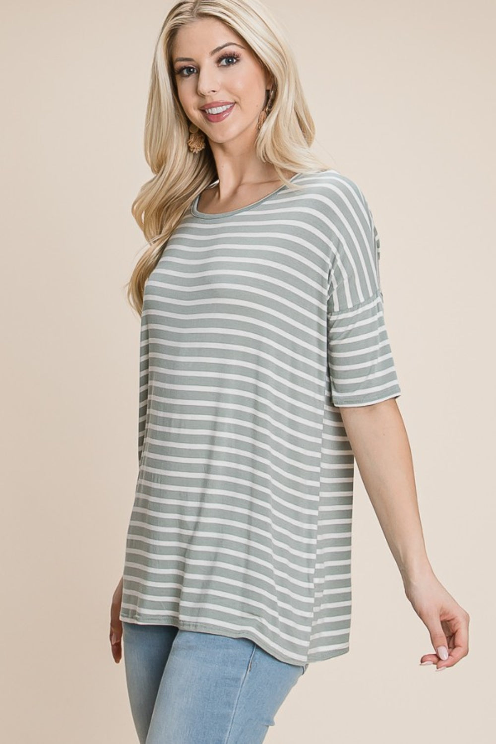 BOMBOM Striped Round Neck T-Shirt T-Shirt Trendsi   