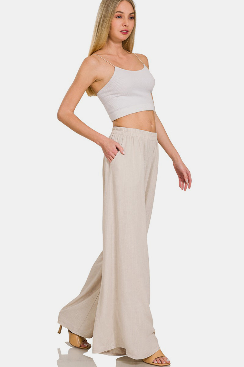 Zenana Pleated Linen Blend Wide Leg Pants Pants Trendsi   