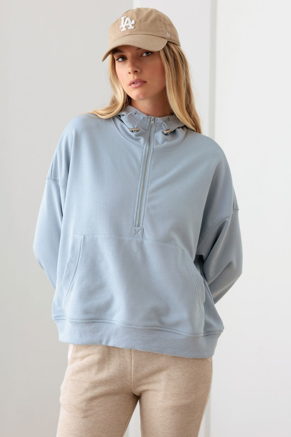 Le Lis Half Zip Drawstring Mock Neck Hoodie Hoodie Trendsi Baby Blue XS 