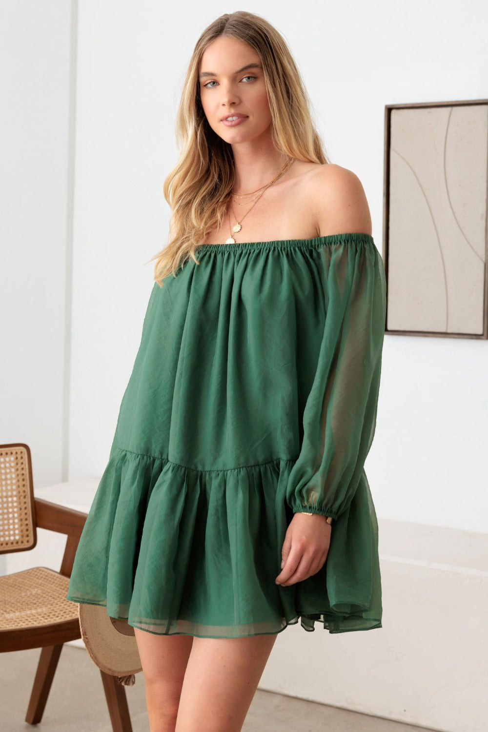 Le Lis Organza Off Shoulder Puff Sleeve Mini Dress Mini Dress Trendsi Green XS 