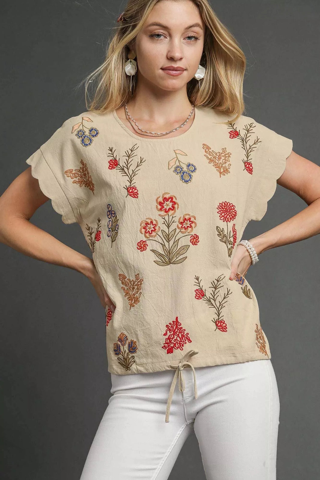 Umgee Boho Chic Embroidered Scallop Sleeve Top Drawstring Hem - NeoKira Unlimited