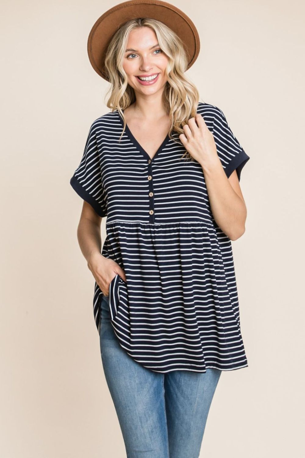 Cotton Bleu by Nu Label Striped Button Front Baby Doll Top - NeoKira Unlimited