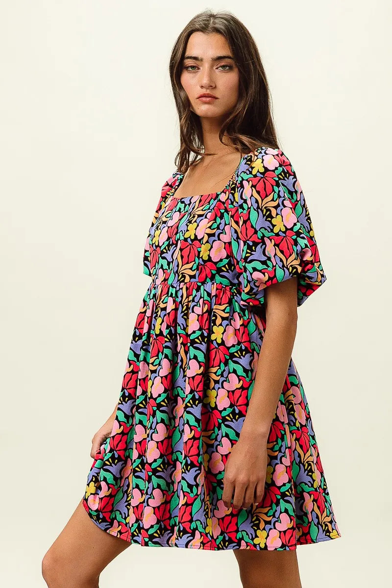 BiBi Tropical Boho Floral Print Puff Sleeve Square Neck Dress - NeoKira Unlimited