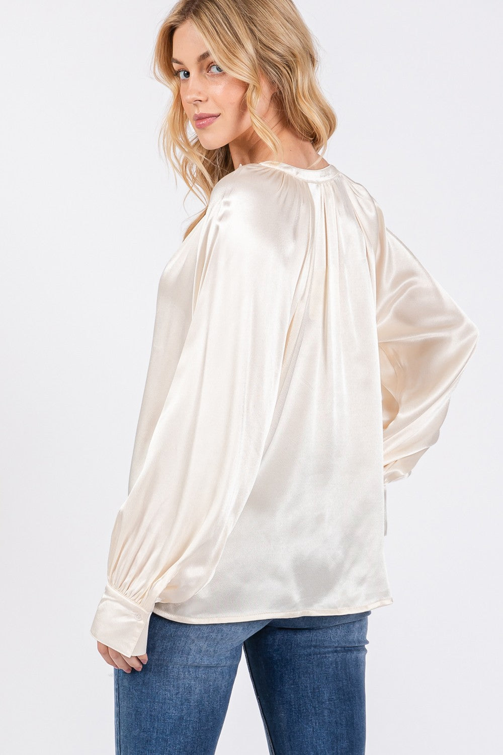 SAGE + FIG Notched Long Sleeve Blouse Blouse Trendsi   