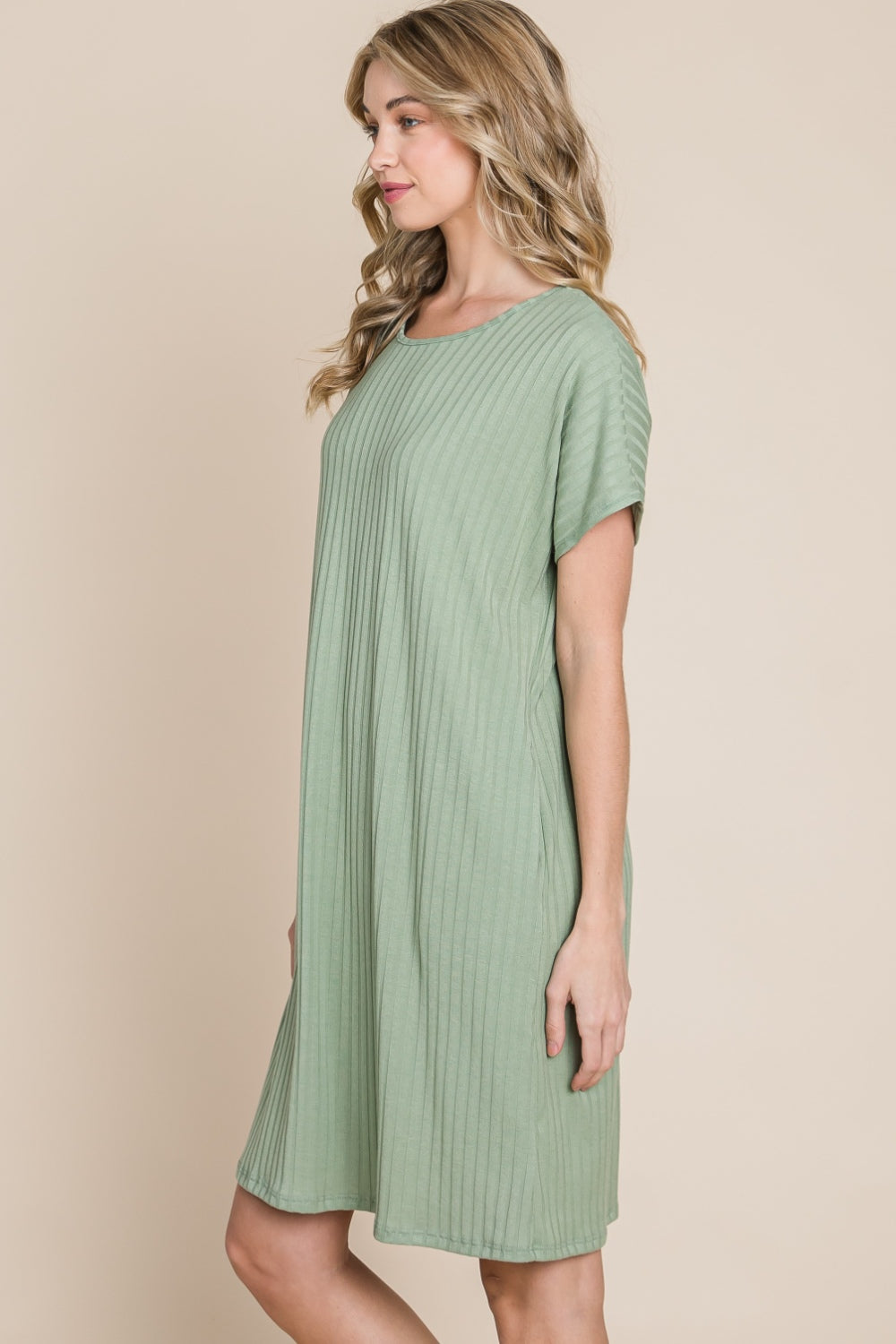 BOMBOM Ribbed Round Neck Short Sleeve Dress - NeoKira Unlimited