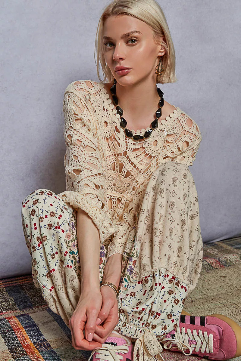 POL Round Neck Weave Knit Pattern Cropped Cover Up Boho Chic Style - NeoKira Unlimited