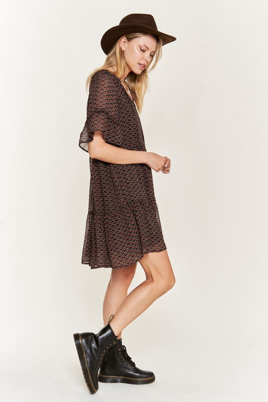 Jade By Jane Romantic Boho Floral V-Neck Mini Dress | Ruffle Sleeve - NeoKira Unlimited