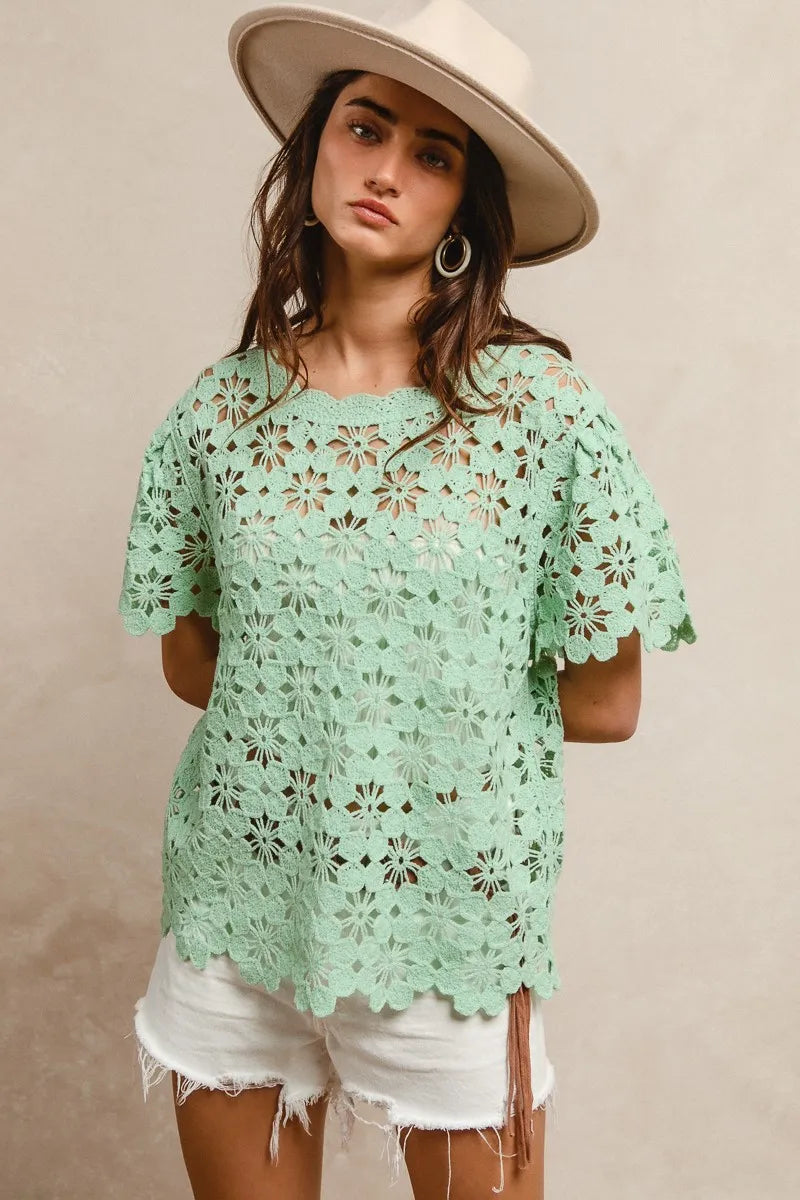 BiBi Openwork Crochet Short Sleeve Knit Top Boho Chic Style - NeoKira Unlimited