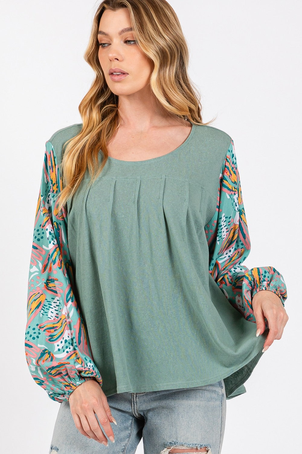 SAGE + FIG Ruched Round Neck Printed Bubble Sleeve Top - NeoKira Unlimited