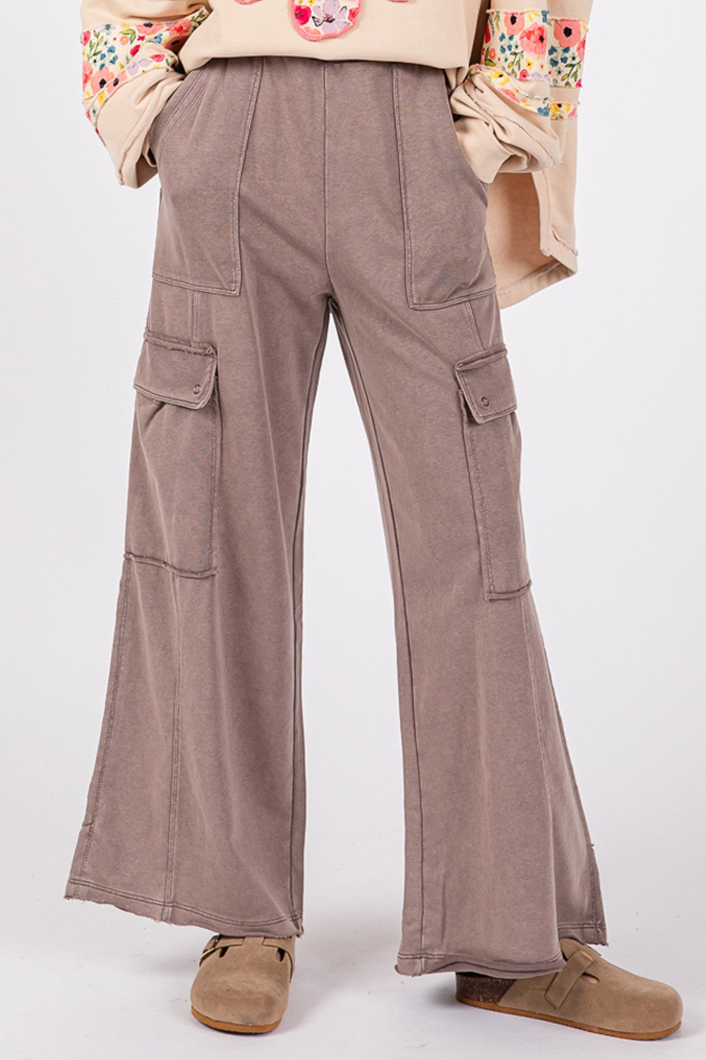 SAGE + FIG Knit Terry Mineral Wash Wide Leg Pants Pants Trendsi   