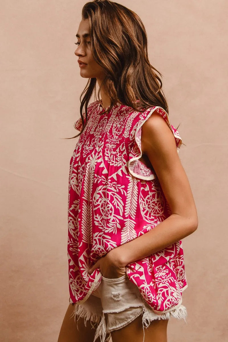 BiBi Pink Paisley Ruffle Cap Sleeve Smocked Neck Blouse - NeoKira Unlimited