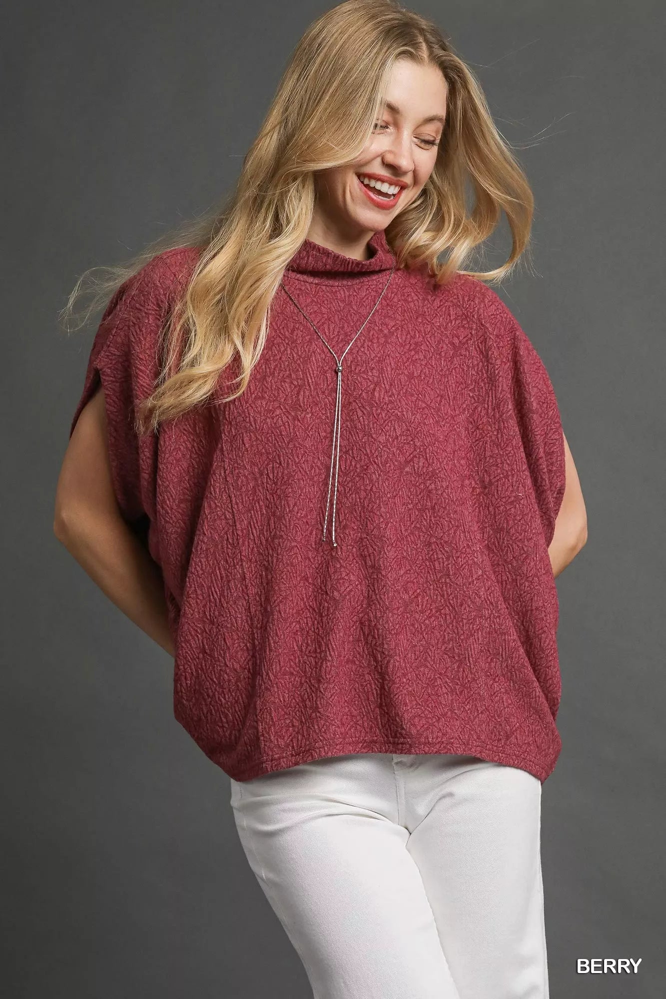 Umgee Textured Mock Neck Relaxed Top – Cozy Minimalist Style - NeoKira Unlimited