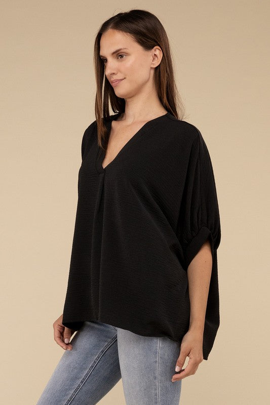 Woven Airflow V-Neck Puff Half Sleeve Top Top ZENANA   