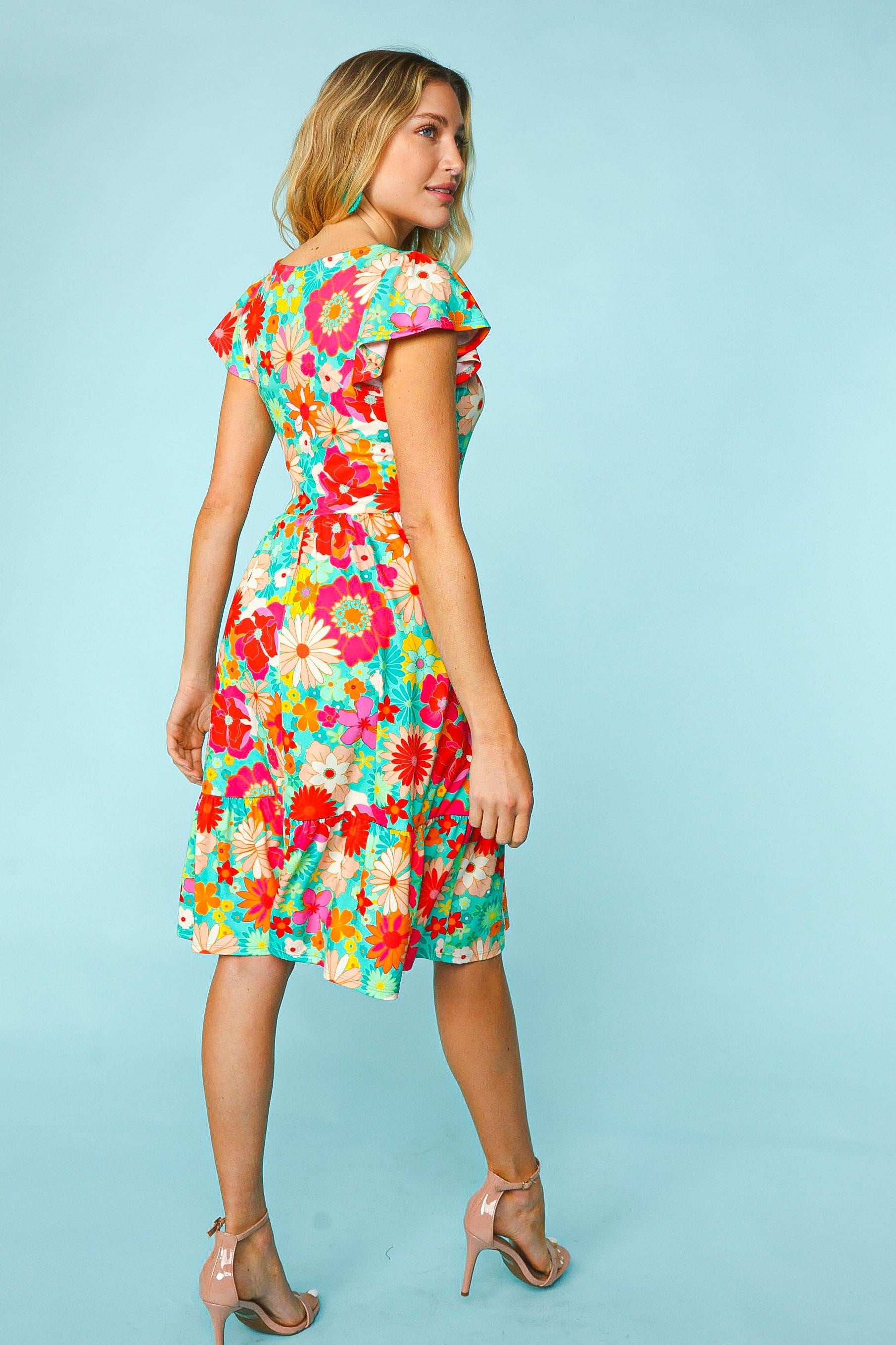 Haptics Floral Square Neck Short Sleeve Dress - NeoKira Unlimited