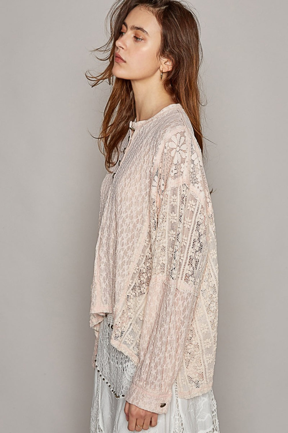 POL Round Neck Long Sleeve Raw Edge Lace Top Top Trendsi   