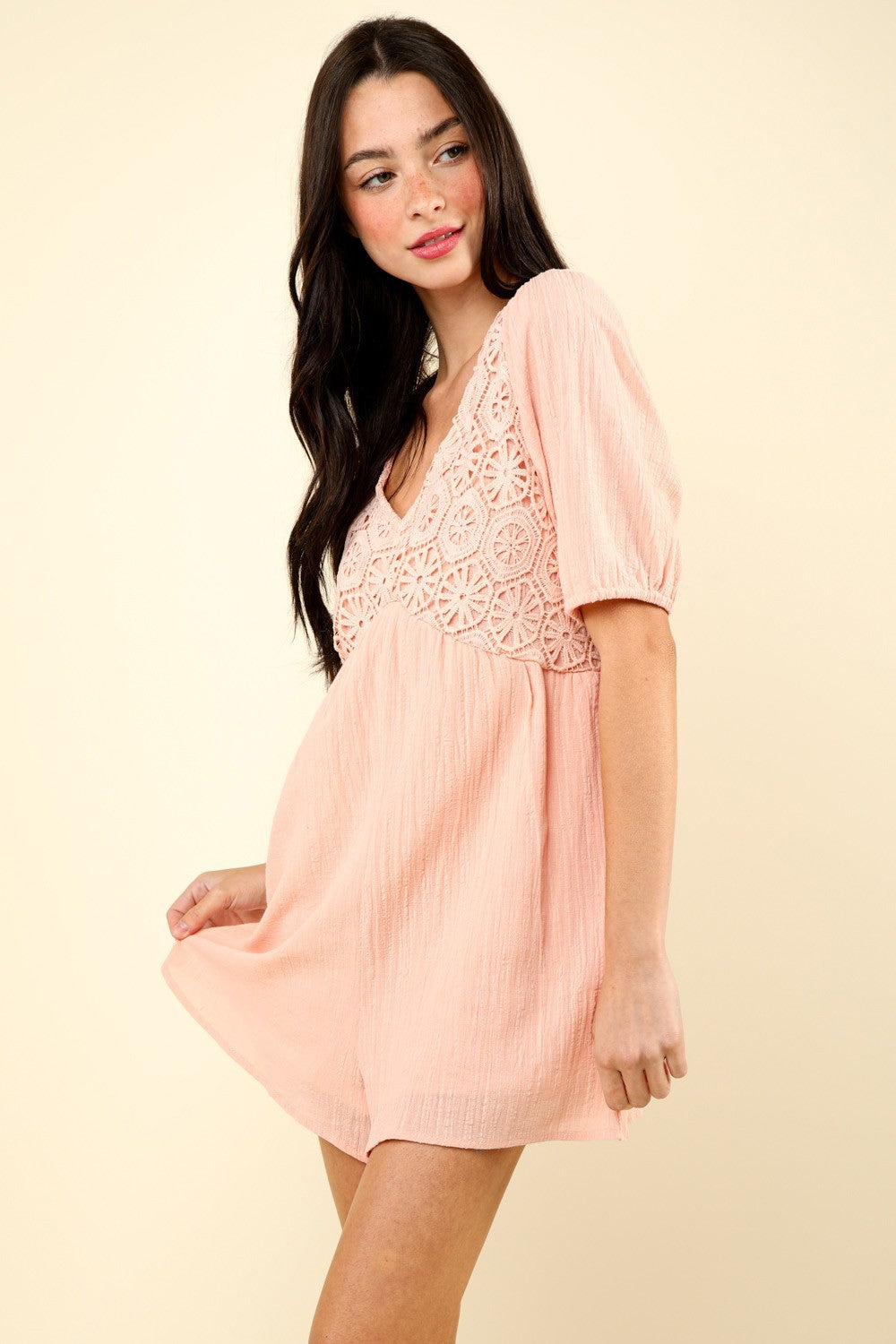 VERY J Lace Detail Puff Sleeve Romper with Pockets - NeoKira Unlimited