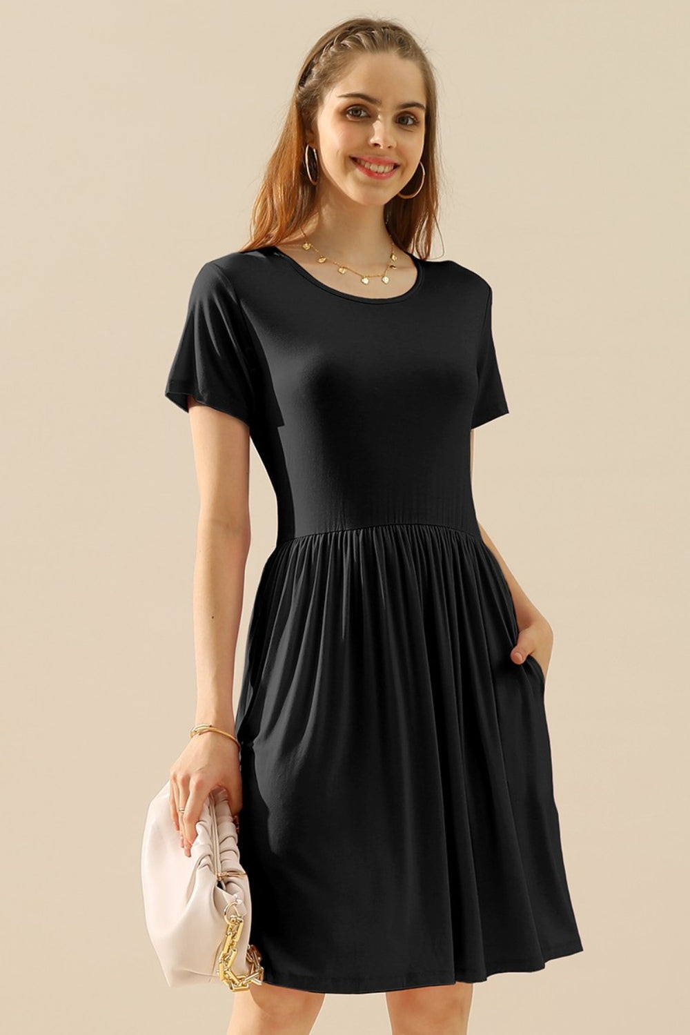 Ninexis Full Size Round Neck Ruched Dress with Pockets Mini Dress Trendsi BLACK XL 