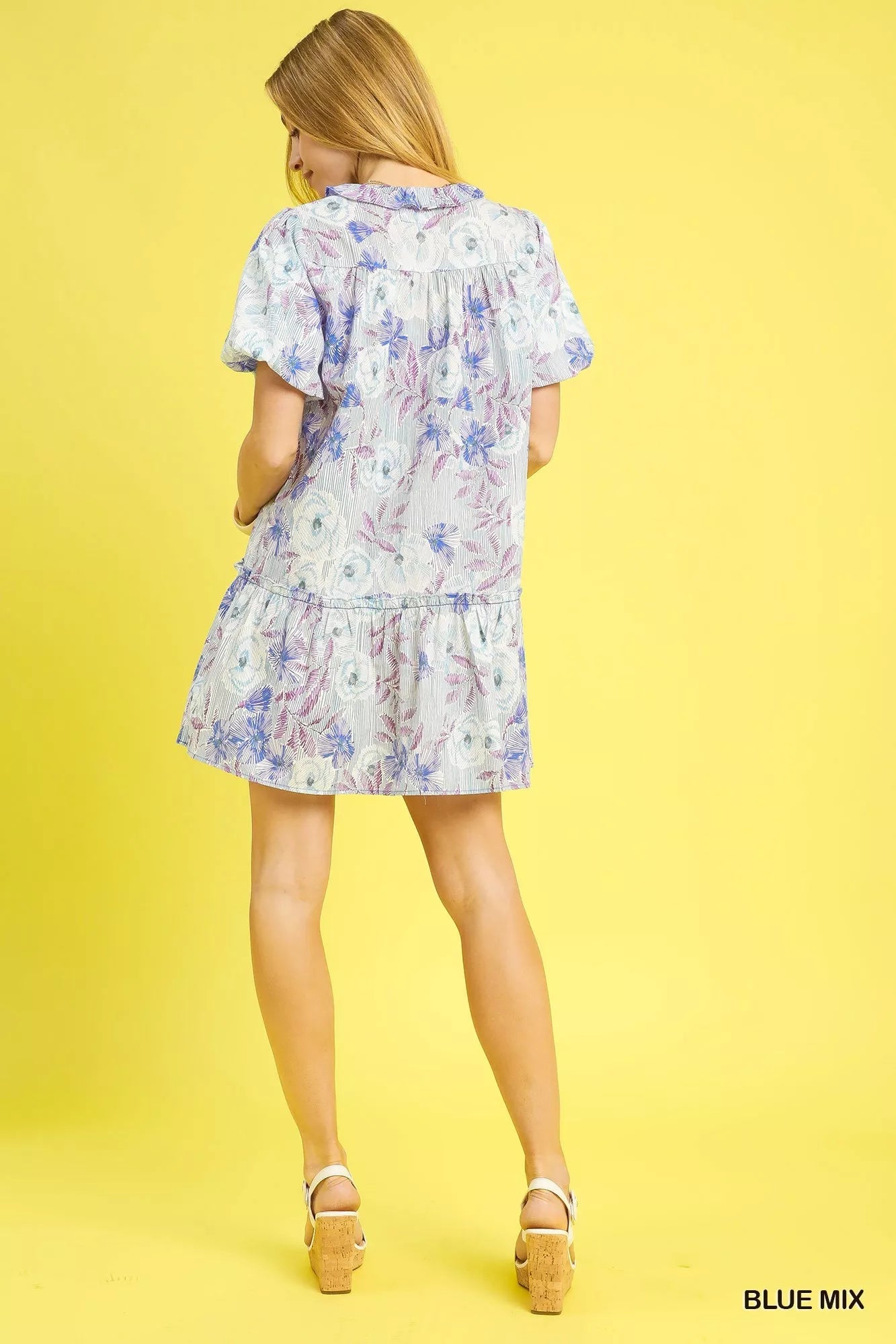 Umgee Floral Puff Sleeve Ruffled Mini Dress Whimsical Romantic Style - NeoKira Unlimited