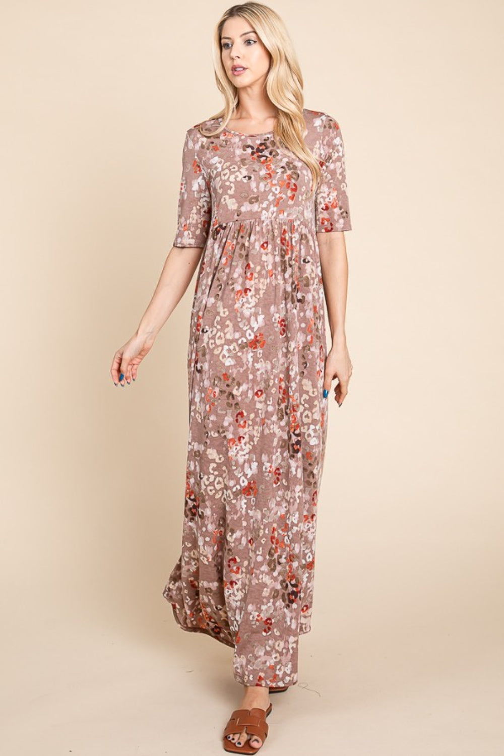 BOMBOM Printed Shirred Maxi Dress Maxi Dress Trendsi Mocha S 