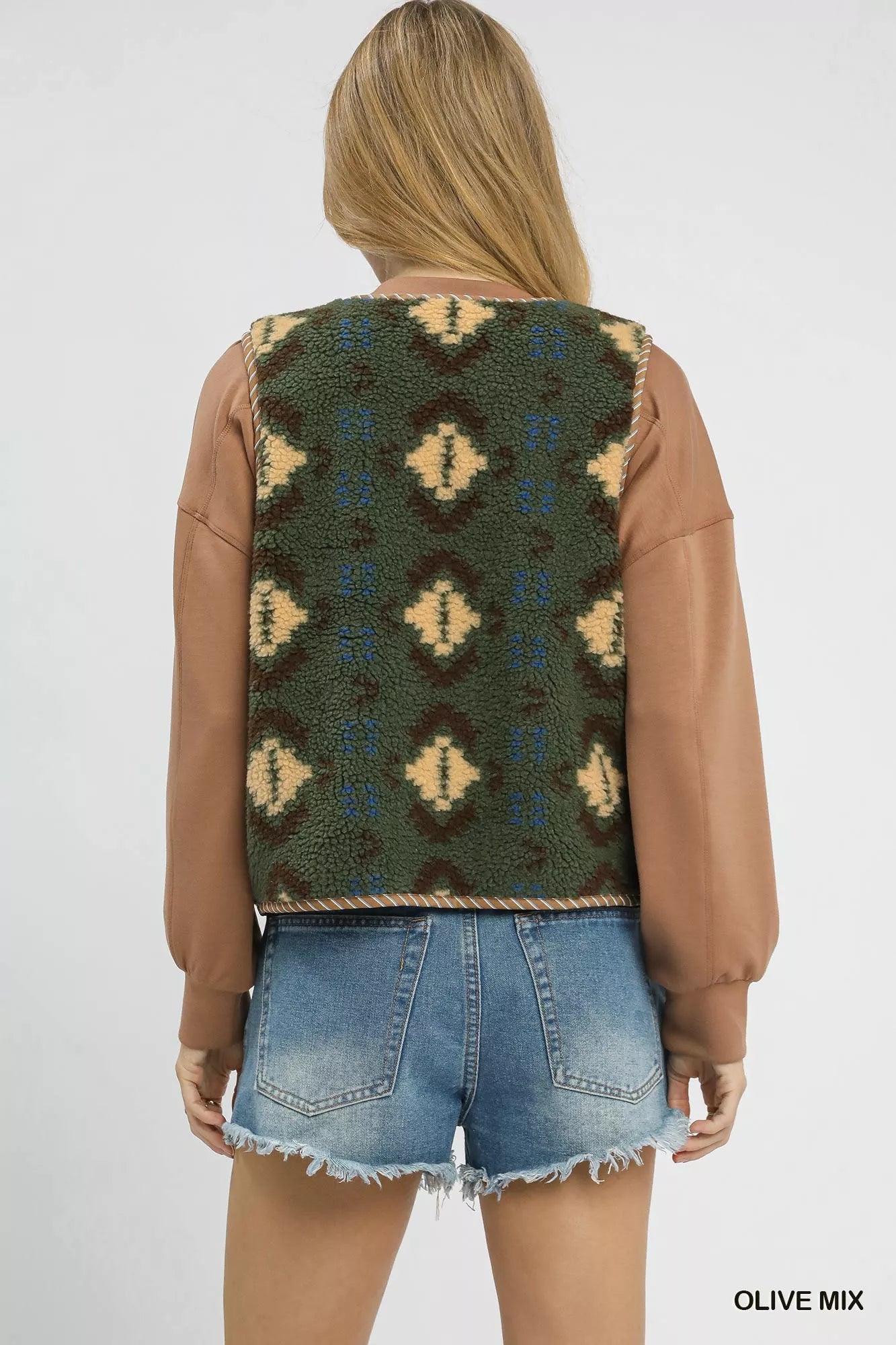 Umgee Mix Patterned Sherpa Tie-Front Vest Boho Western Style - NeoKira Unlimited
