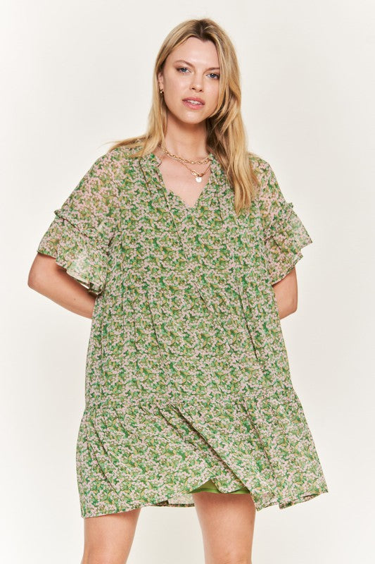 Jade By Jane Boho Floral V-Neck Ruffle Mini Dress | Loose Fit Chic Style - NeoKira Unlimited