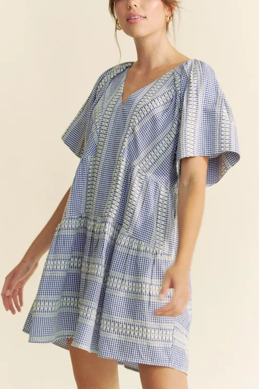 Davi & Dani Embroidered Stripe Ruffled Gingham Mini Dress - NeoKira Unlimited