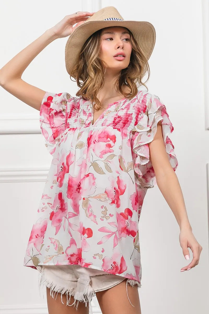 BiBi Floral Print Flutter Sheer Top Lightweight Boho Chic Blouse - NeoKira Unlimited