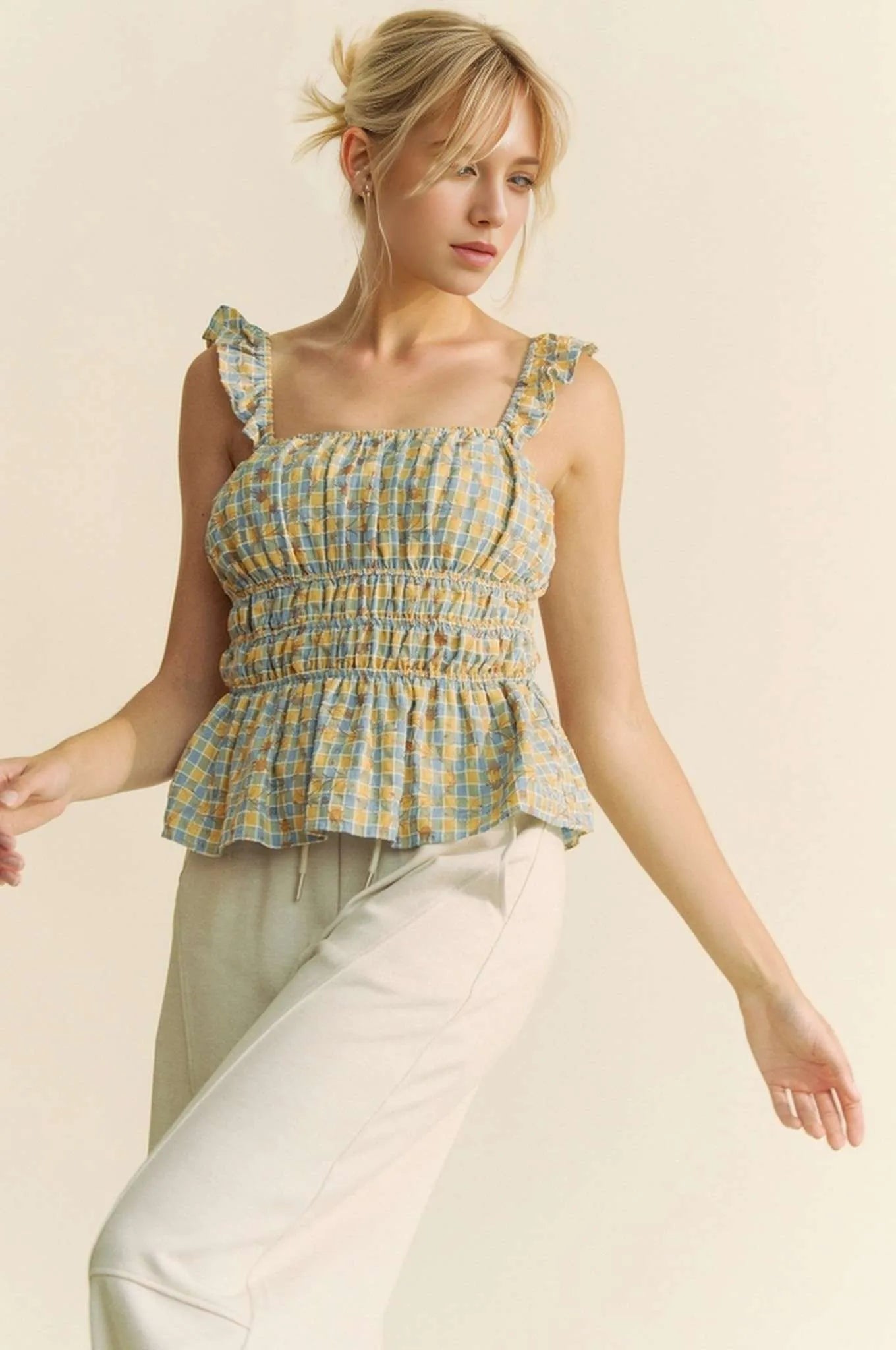 Davi & Dani Plaid Ruffled Strap Smocked Sleeveless Top - NeoKira Unlimited