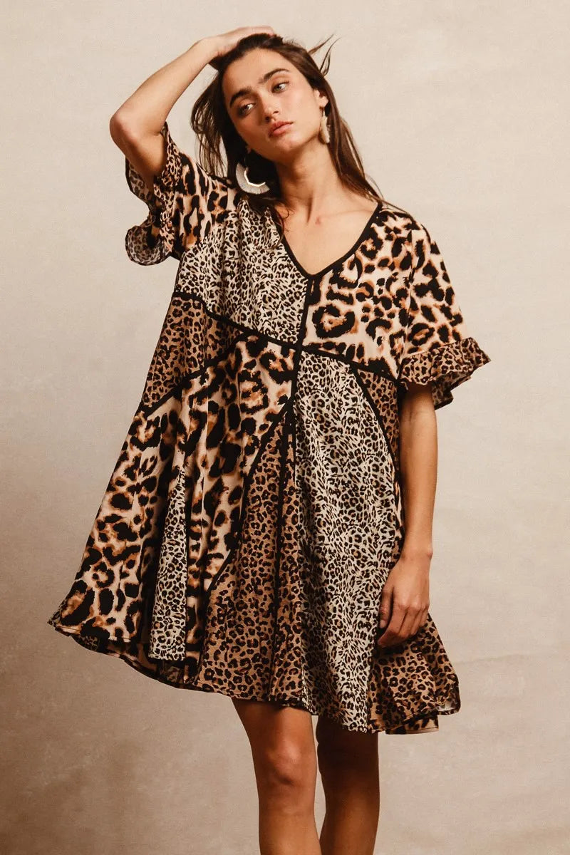 BiBi Leopard Print Mini Dress – V-Neck Flutter Sleeve Belted Fit - NeoKira Unlimited
