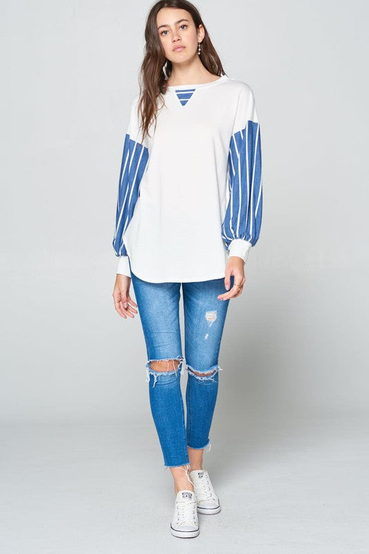Super Lady Full Size French Terry Striped Long Sleeve Top - NeoKira Unlimited