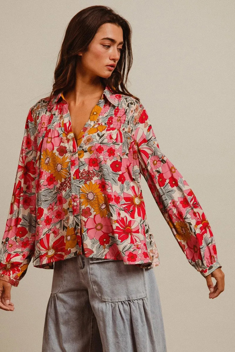 BiBi Tropical Floral Button-Up Blouse Vibrant Long Sleeve Relaxed Fit Top - NeoKira Unlimited