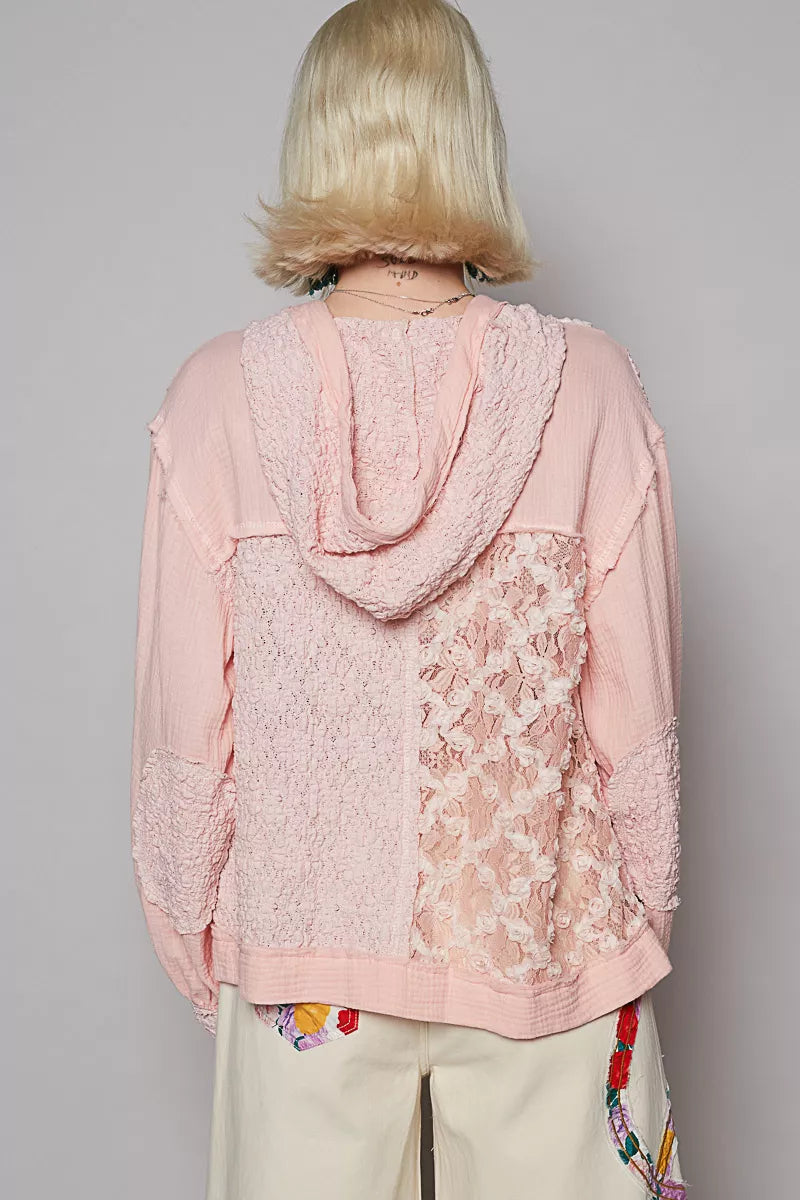 POL Exposed Seam Button Down Hooded Jacket Lace Detail Boho Chic - NeoKira Unlimited