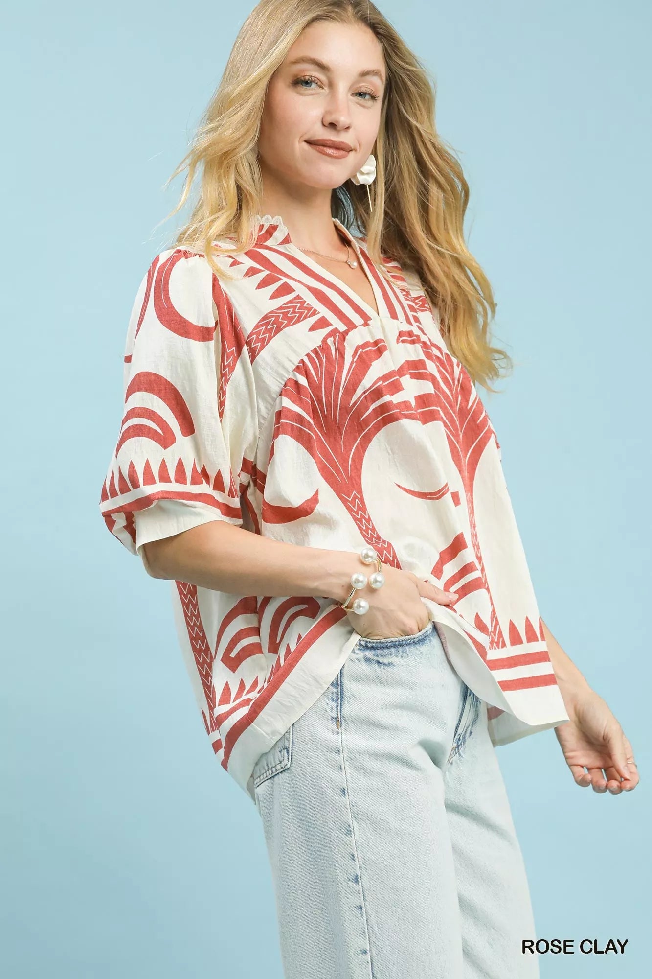 Umgee Folk Art Palm Print Puff Sleeve Blouse Boho Chic - NeoKira Unlimited